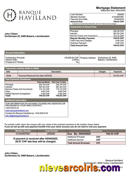 Liechtenstein Banque Havilland mortgage statement Word and PDF template